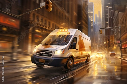 Quick package delivery by a speedy van in a bustling city. Generative AI
