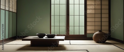 Minimalist Zen, a muted jade wall with a low-set rectangular window, gentle light casting soft photo