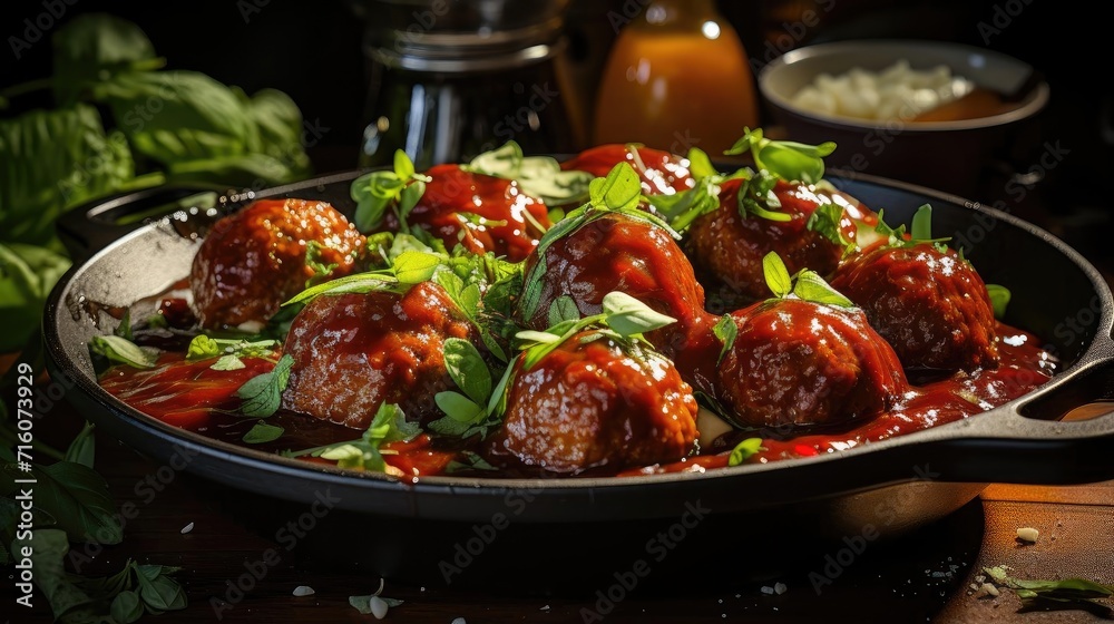 meatballs with melted tomato sauce on a bowl with a black and blur background