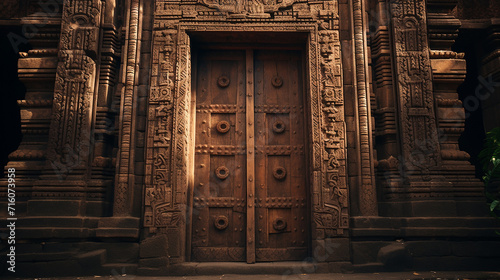 An intricately carved wooden door in an ancient fortress