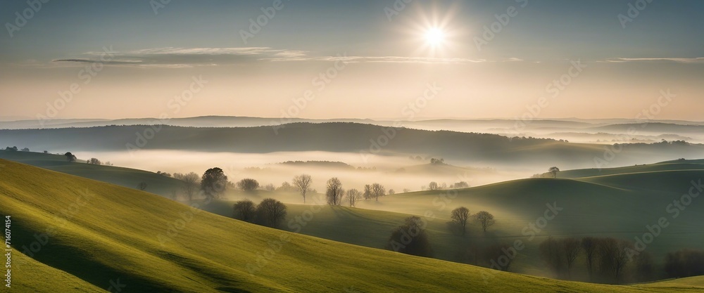 Panorama of Rolling Hills in Mist, a wide panoramic shot of rolling hills shrouded in morning mist
