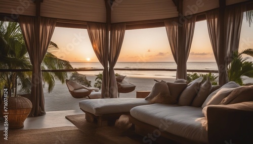 Open-Air Beach Bungalow, a cozy bungalow outfitted with plush cushions and flowing curtains © vanAmsen