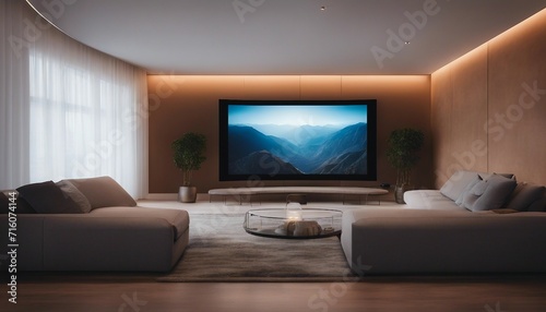 Panoramic Minimalistic Home Theater, a curved screen enveloping the viewer, with floor lighting