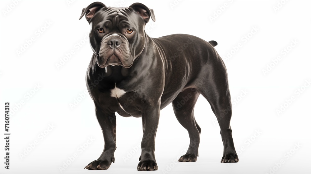 A large black dog standing against a white background.
A large black dog standing against a white background.