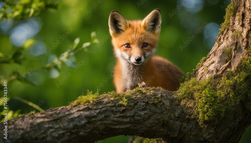 Red Fox Cub Exploring, a young fox cub peeking out from behind a tree, the fiery orange Red Fox Cub Exploring, a young fox cub peeking out from behind a tree, the fiery orange