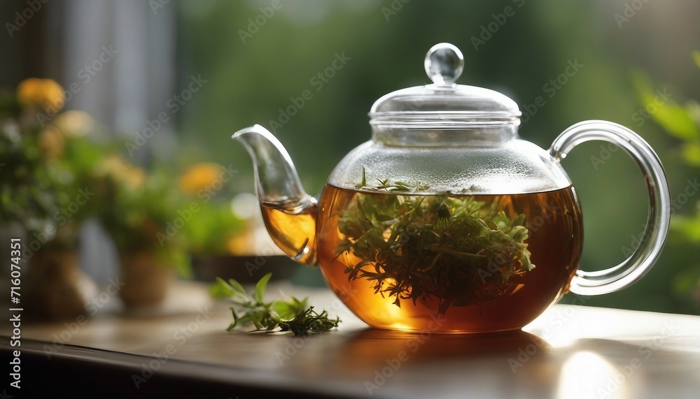 Refreshing Herbal Tea Close-Up, a clear glass teapot with blooming herbal tea, the natural light Refreshing Herbal Tea Close-Up, a clear glass teapot with blooming herbal tea, the natural light