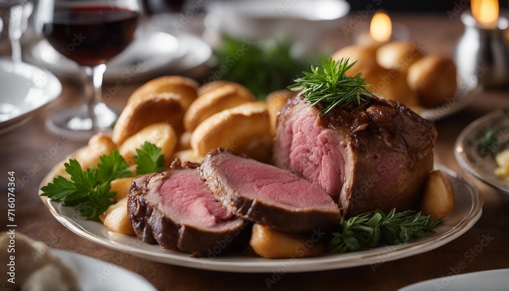 Roast Beef and Yorkshire Pudding, a Sunday roast with slices of roast beef and fluffy Yorkshire Roast Beef and Yorkshire Pudding, a Sunday roast with slices of roast beef and fluffy Yorkshire
