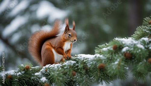  Red Squirrel in Fir Tree, a red squirrel peeking out from the branches of a fir tree © vanAmsen