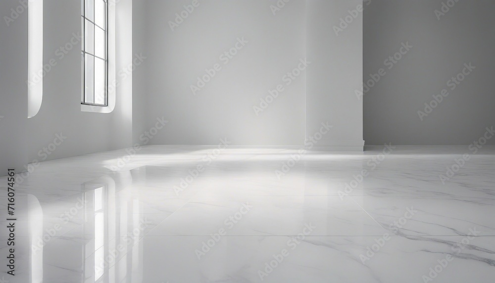 Fototapeta premium Sleek White Marble, a pristine white marble floor with subtle grey veining leading up to a pure