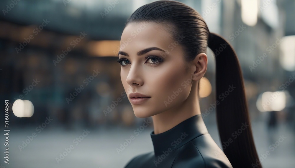Sleek Power Ponytail, a high, sleek ponytail that exudes confidence and strength, photographed 