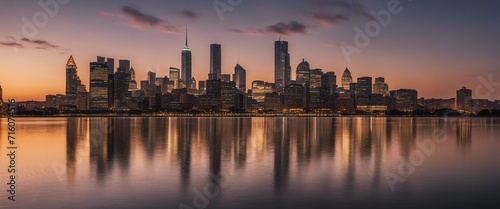 Sleek Corporate Skyline, a panoramic view of a modern city skyline at twilight