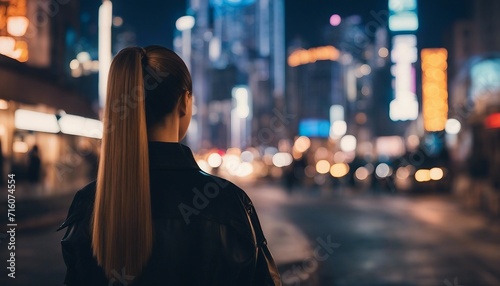 Sleek High Ponytail, a smooth, high ponytail cascading down the back, set against a neon-lit