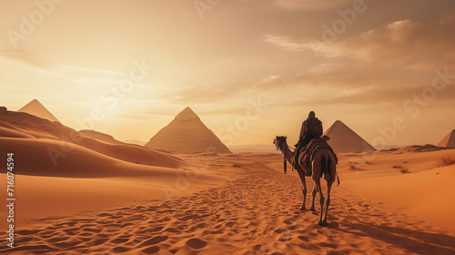 camel ride in the desert with two explorers on camelback discuss the ancient history of Egypt