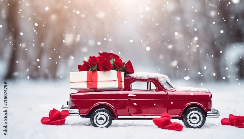 Romantic Winter Scene with Classic Red Car Adorned with Roses and Gift Box