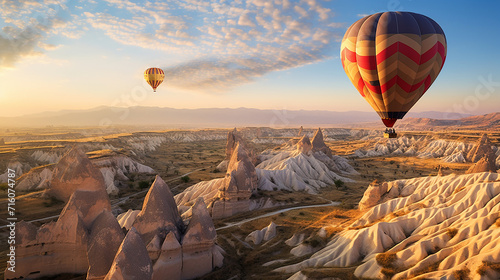 a couple marvels at the fairy-tale landscape of Cappadocia from their hot air balloon