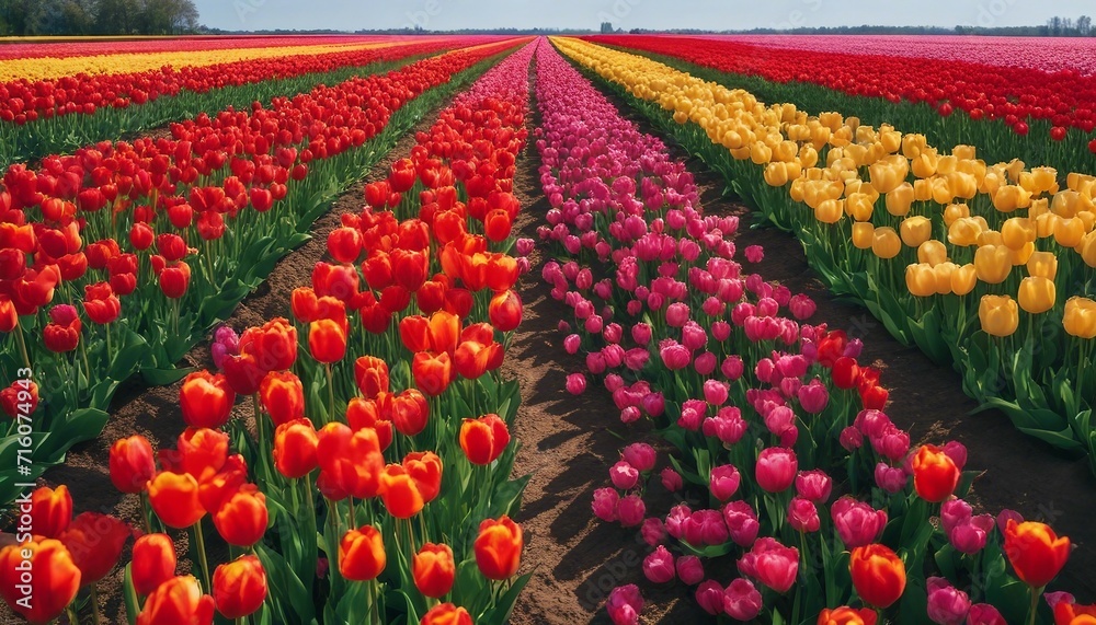 Vibrant Tulip Field Perspective, rows of tulips in a spectrum of colors captured from a low angle