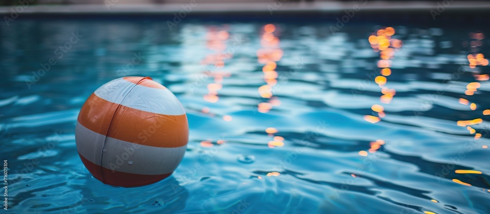 ball on the calm water of the courtyard pool at dusk