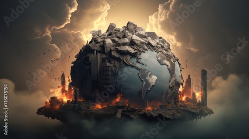 Illustration of the appearance of the earth destroyed on doomsday. The earth exploded due to a meteor impact, with terrible dark clouds.