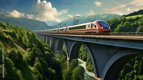 Long-Distance Train Crossing a High Viaduct: A long-distance train crosses a high viaduct
