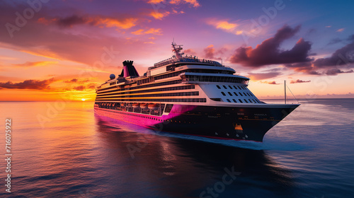 luxury majestic cruise ship silhouetted against a stunning sunset with streaks of orange and pink