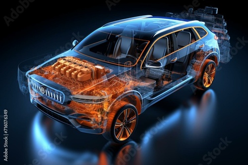 3D illustration of SUV car with x-ray effect and powertrain system. Generative AI photo