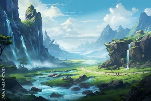 Illustration of a fantasy landscape with a path leading to a turquoise waterfall and distant mountains, serving as a concept art for game design. Generative AI © Adelais