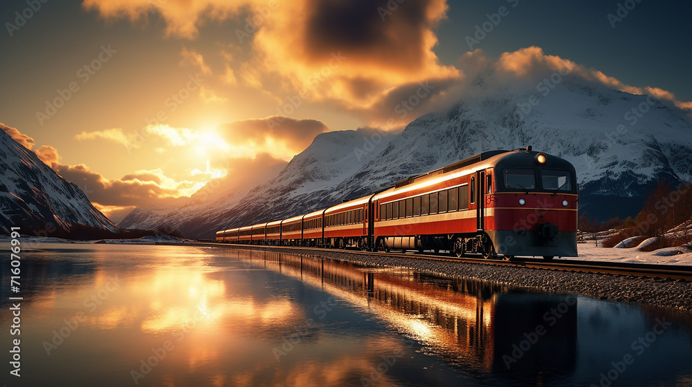 night train in the Norwegian Arctic Circle under the midnight sun in the Norwegian Arctic Circle - obrazy, fototapety, plakaty 