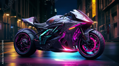 A high-powered motorcycle with glowing neon lights and a futuristic design speeds through
