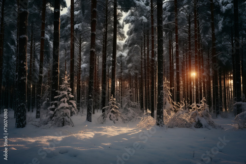 Witness the poetry of winter with snowflakes dancing in a cinematic-lit pine forest. The serene beauty of this landscape. AI generative © tope007