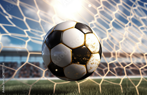 The soccer ball finds its target, hitting the goal with precision and determination. This sports photograph. AI generative