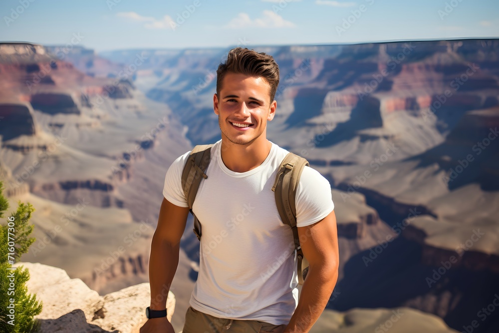 Male traveler with backpack on a scenic hike exploring dramatic canyon views