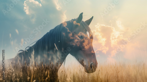 Double exposure portrait of single horse blended with nature background