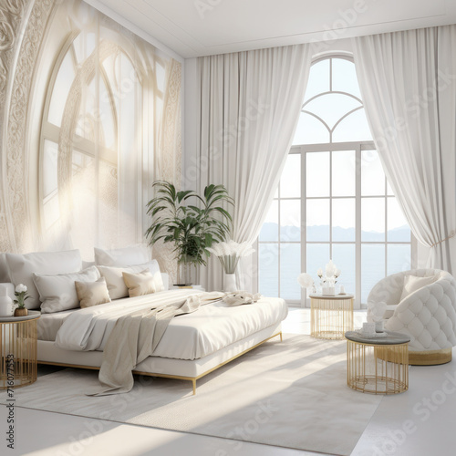 An oasis of elegance and comfort in this modern white bedroom. The AI generative lens beautifully accentuates the light luxury  making this space a visual delight of contemporary design. AI generative