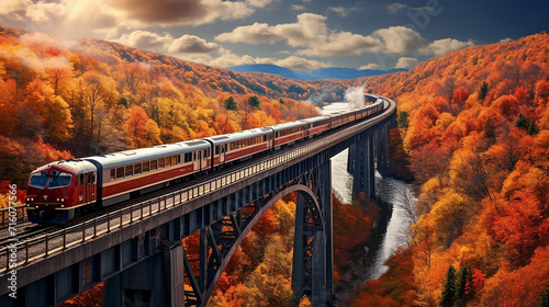 a modern passenger train crosses a high trestle bridge over a river, autumn nature background photo