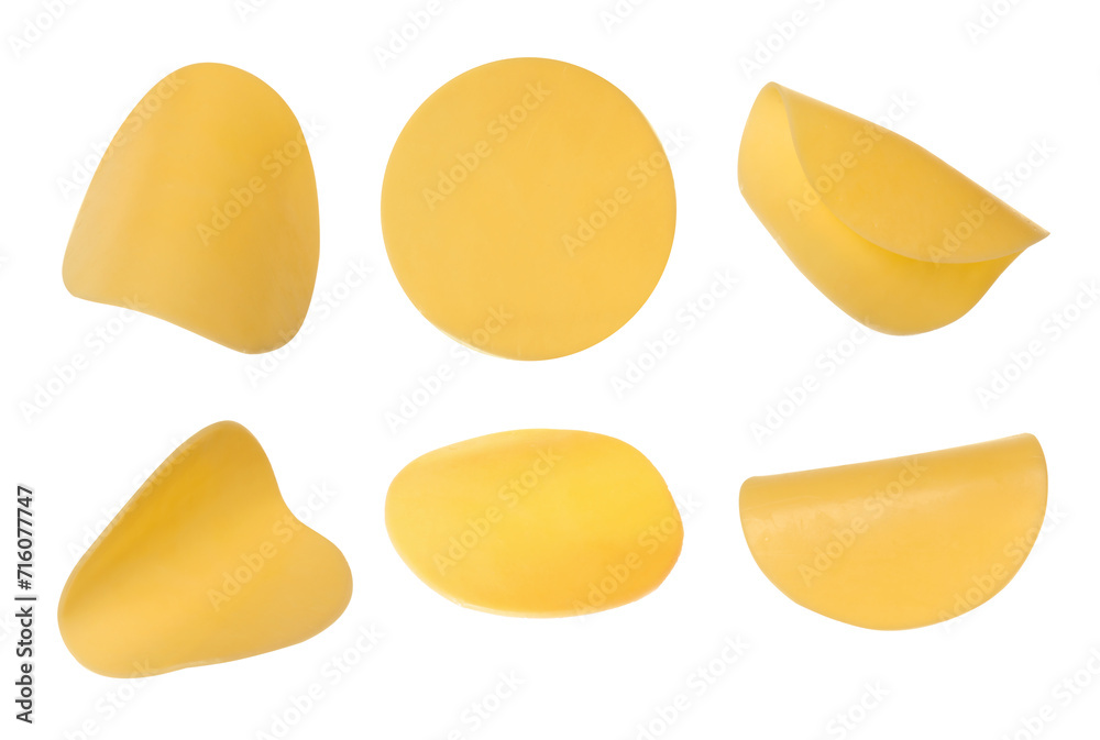 Slices of tasty cheese isolated on white, set Slices of tasty cheese isolated on white, set