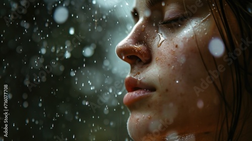 A closeup shot of a womans face, her eyes closed as the luminescent rain falls gently down her , giving her a radiant and ethereal glow.