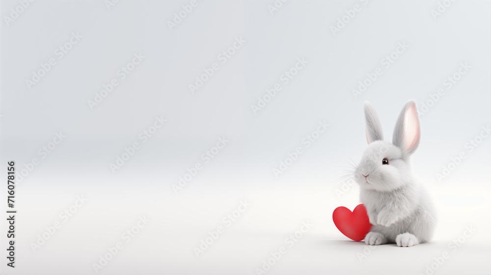 Adorable cute fluffy cute bunny with a red heart on a minimalist white background.