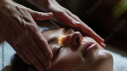 The practitioners hands briefly pause over the patients third eye  bringing a sense of clarity and connection.