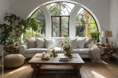 Modern living redefined – a white sofa, rustic charm, and a wooden stamp coffee table create a stylish ambiance against an arched window. AI generative