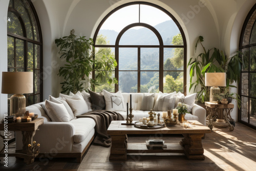 Chic interior design unfolds with a white sofa, rustic touches, and a wooden stamp coffee table framed by an arched window, defining Hollywood glam. AI generative