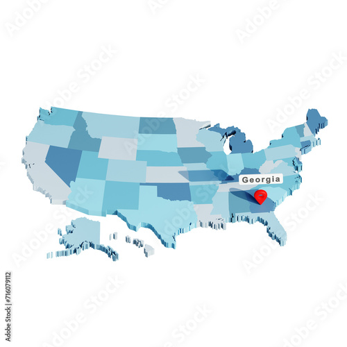 3D USA states map with pin location in Georgia