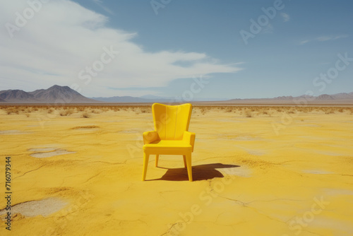 Minimalism in the desert an empty yellow chair amidst the serene landscape  inviting reflection and relaxation. AI generative.