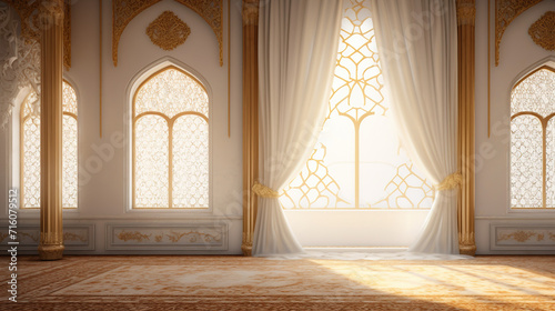 empty islamic room illustration, white and gold colors photo