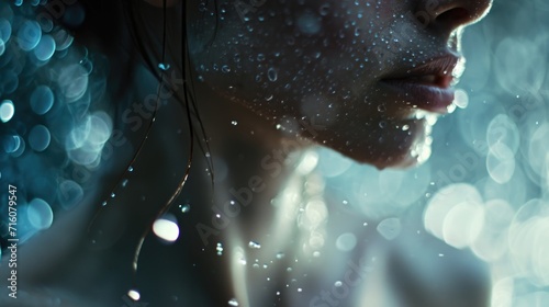 A closeup of the womans neckline, with the luminescent rain creating an intricate pattern on her skin, adding a delicate and mesmerizing touch to the portrait.
