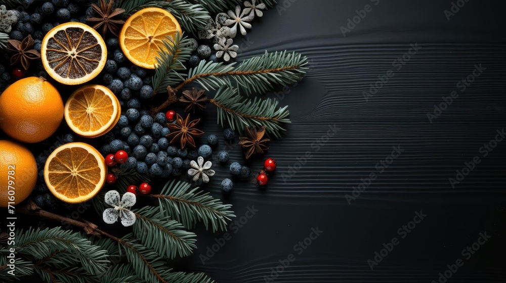 Top view of Christmas decorations with light bulb ornaments and plants Top view of Christmas decorations with light bulb ornaments and plants