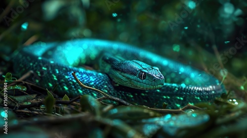 A neon s slithers through the underbrush its scales shimmering with every move