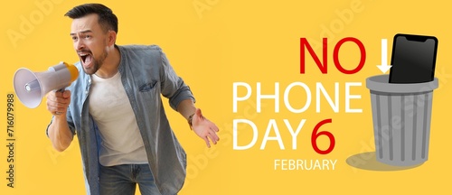 Banner for No Phone Day with screaming young man and megaphone photo