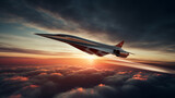 supersonic jet crossing the sky at dusk