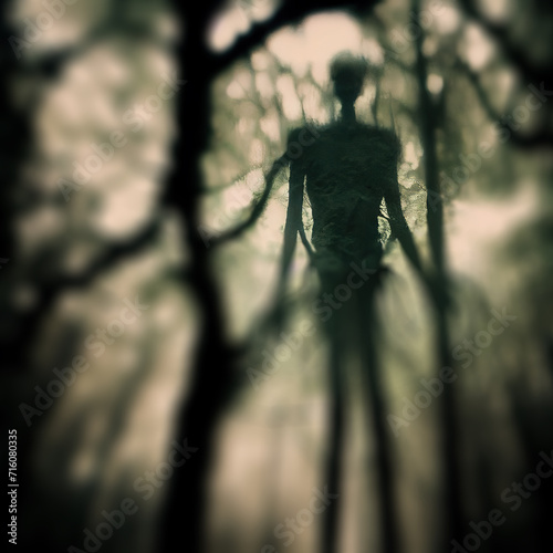 Scary or distorted photograph taken in the forest of the Slenderman.