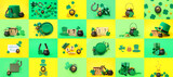 Collage with many different symbols of St. Patrick's Day on green and yellow background
